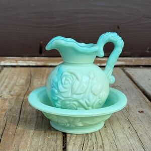 Avon Victoriana Pitcher and Wash Basin Set Green Jadeite Slag Glass Rose Floral